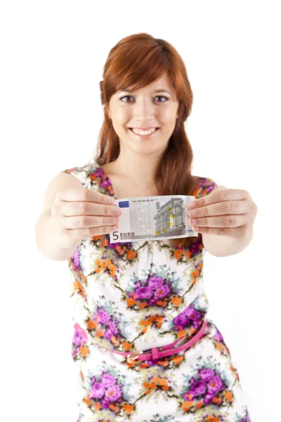 Femme heureuse montrant Euros billets de monnaie — Photo