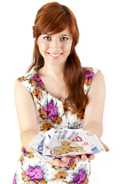 Mulher feliz mostrando notas de moeda Euros — Fotografia de Stock