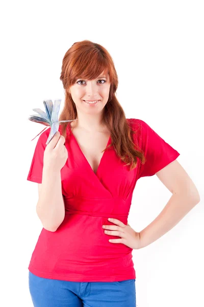 Mujer feliz mostrando billetes de euros — Foto de Stock