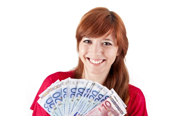 Mulher feliz mostrando notas de moeda Euros — Fotografia de Stock