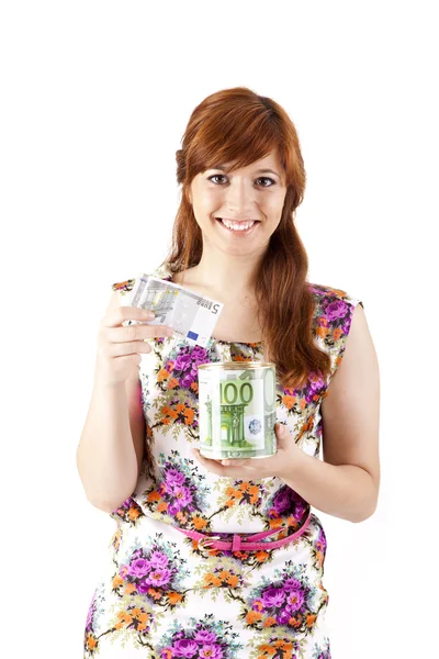 Happy woman showing Euros currency notes — Stock Photo, Image