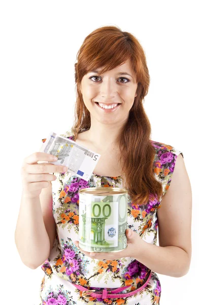 Mulher feliz mostrando notas de moeda Euros — Fotografia de Stock