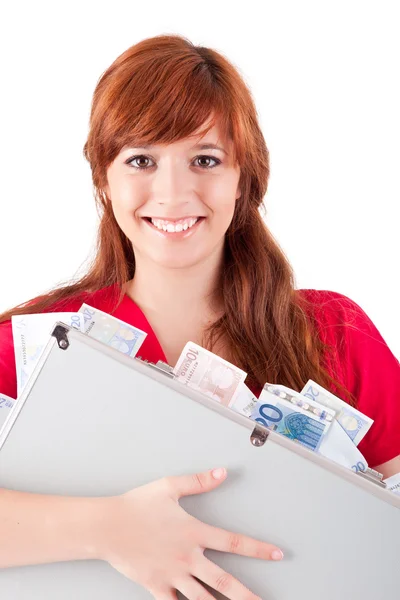 Vrouw met grijs metaalgeval met geld — Stockfoto