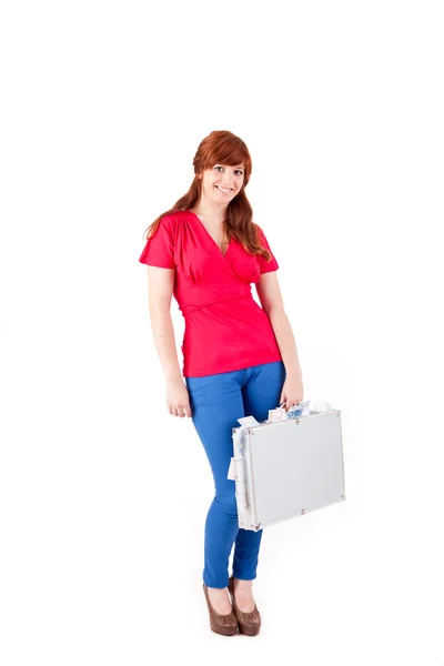 Woman holding metal grey case with money — Stock Photo, Image