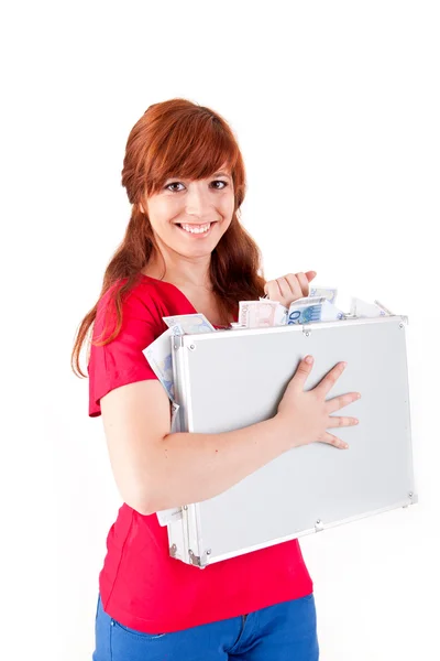 Mujer sosteniendo caja gris metal con dinero — Foto de Stock