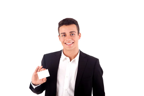 Ung affärsman lämna ett tomt visitkort över vit baksida — Stockfoto