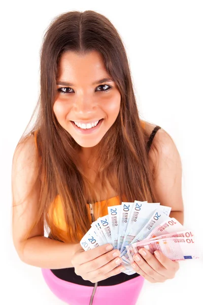 Portrait of a happy woman with a fan of Euros currency notes — Stock Photo, Image