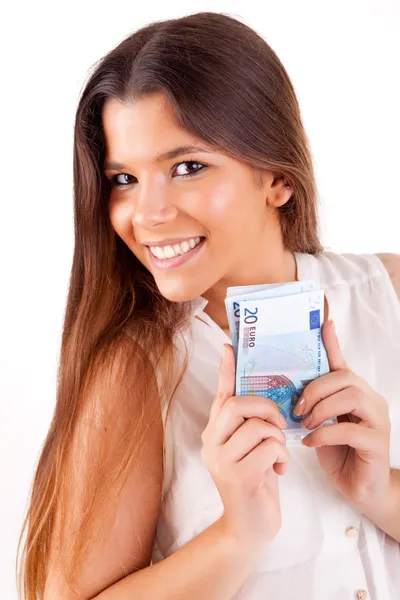 Portret kobiety, szczęśliwy z fanem banknotów euro — Zdjęcie stockowe