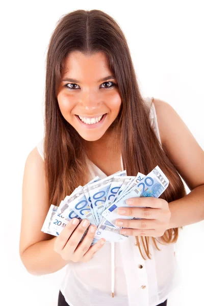 Portrait of a happy woman with a fan of Euros currency notes — Stock Photo, Image