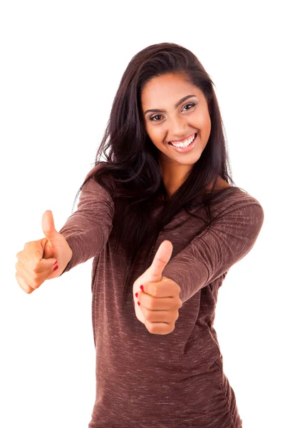 Beautiful mix race woman showing thumbs up — Stock Photo, Image