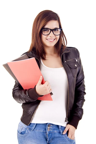 Universitaria sosteniendo libros y sonriendo —  Fotos de Stock