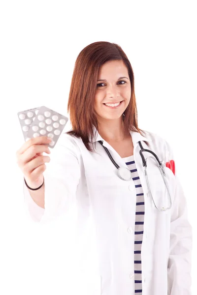 Médico médico mulher sobre fundo branco — Fotografia de Stock