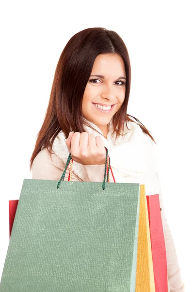 Mujer hermosa sosteniendo bolsas de compras — Foto de Stock