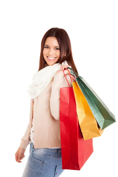 Mujer hermosa sosteniendo bolsas de compras — Foto de Stock