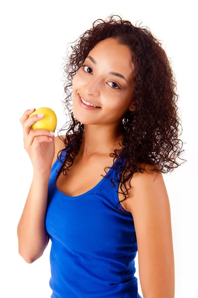 Beautiful african woman holding an apple - Healthy Life — Stock Photo, Image
