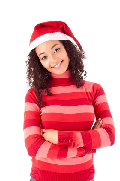 Vacker afrikansk kvinna firar jul santa hatt — Stockfoto