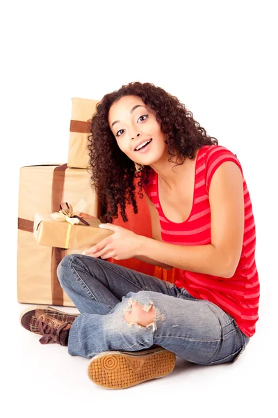 Beautiful african woman with presents — Stock Photo, Image