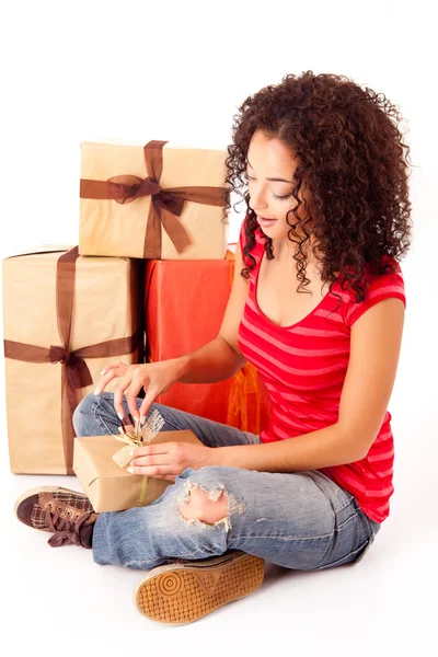 Beautiful african woman with presents — Stock Photo, Image