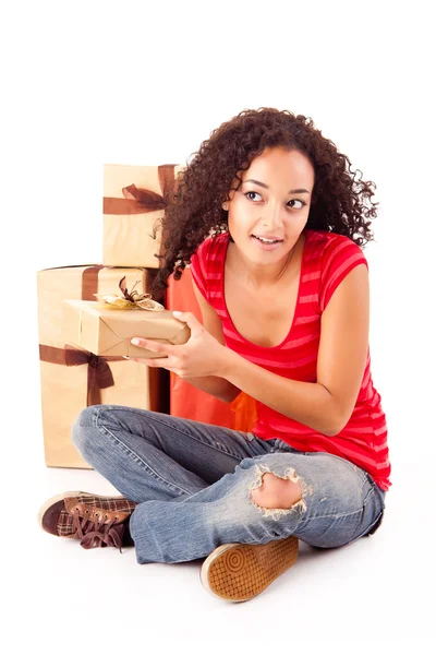 Beautiful african woman with presents — Stock Photo, Image