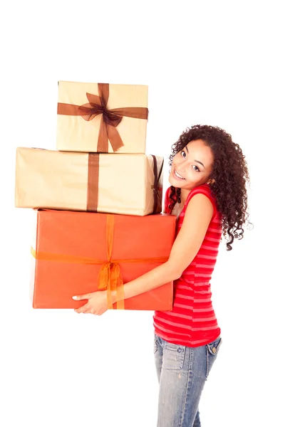 Beautiful african woman with presents — Stock Photo, Image