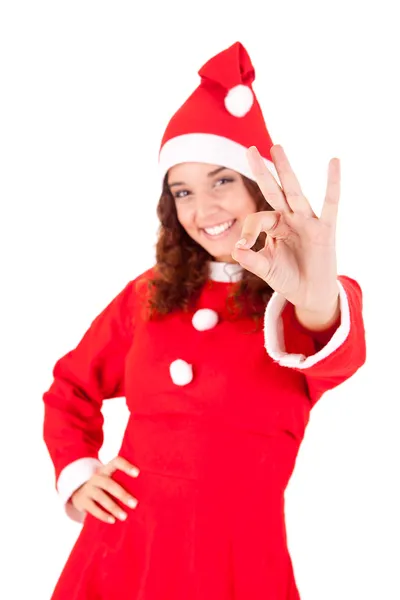 Young woman in red dress and Santa's hat — Stock Photo, Image