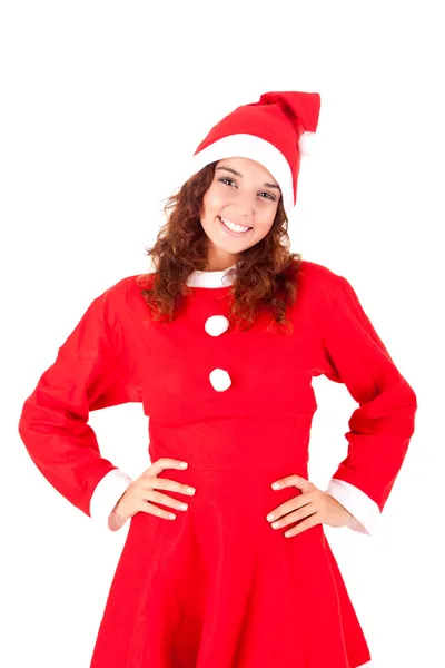 Young woman in red dress and Santa's hat — Stock Photo, Image