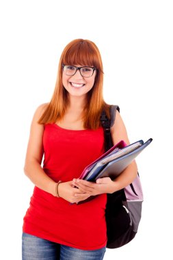 okul çantası elinde ve gülümseyen bir üniversite kız