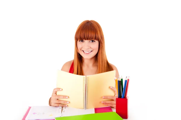 Universidade menina segurando uma bolsa de escola e sorrindo — Fotografia de Stock