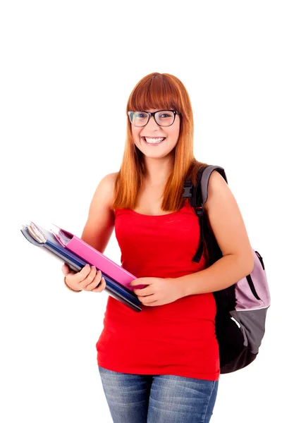 Université fille tenant un sac d'école et souriant — Photo