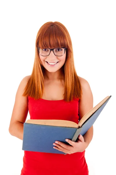 Universitaria sosteniendo una bolsa de la escuela y sonriendo —  Fotos de Stock