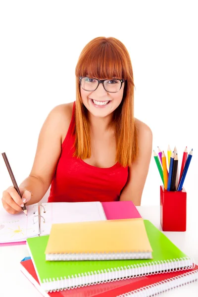 Universitaria sosteniendo una bolsa de la escuela y sonriendo —  Fotos de Stock