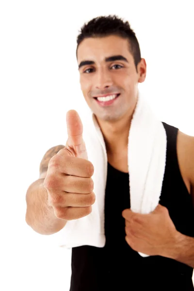 Mooie fitness instructeur doen duimen omhoog — Stockfoto