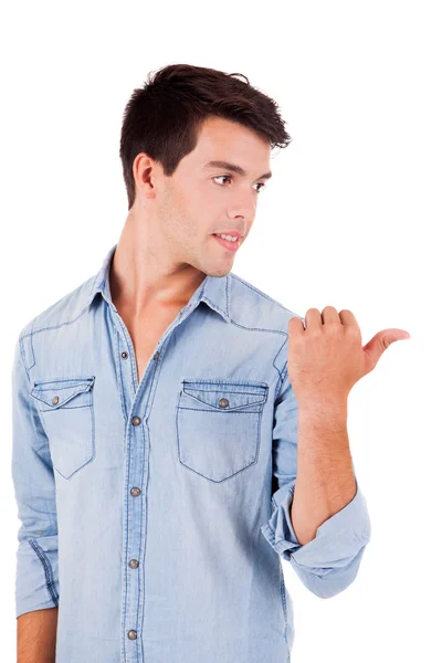 Beautiful man pointing right — Stock Photo, Image