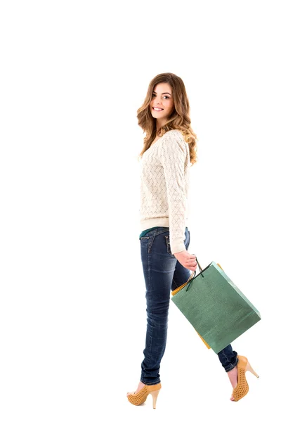 Gyönyörű nő gazdaság bevásárló táskák — Stock Fotó
