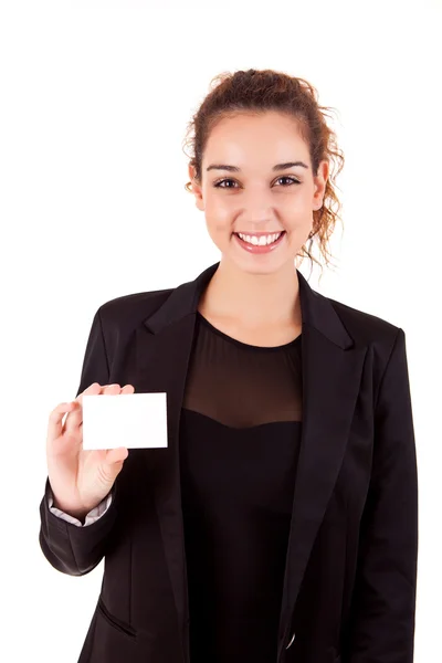 Vrouw met lege witte kaart, geïsoleerd over Wit — Stockfoto