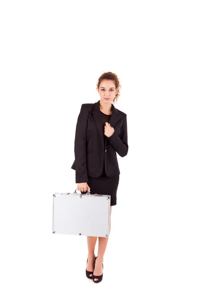 Woman holding metal grey case — Stock Photo, Image