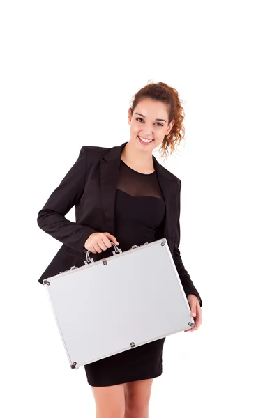 Woman holding metal grey case — Stock Photo, Image