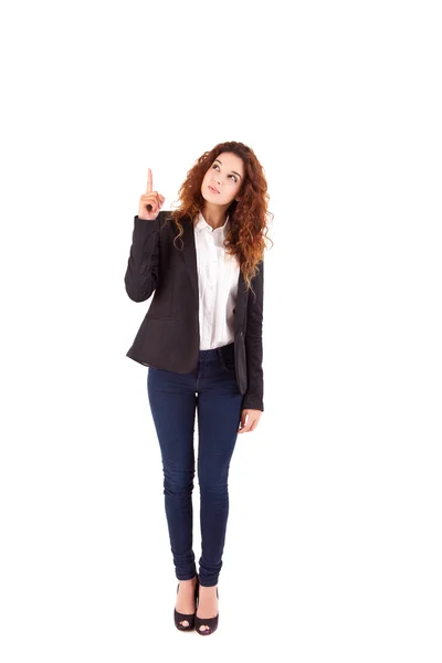 Unga vackra kvinnliga företagsledare pekar på copyspace — Stockfoto