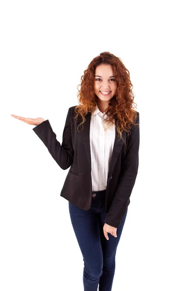 Mujer sonriente mostrando algo —  Fotos de Stock