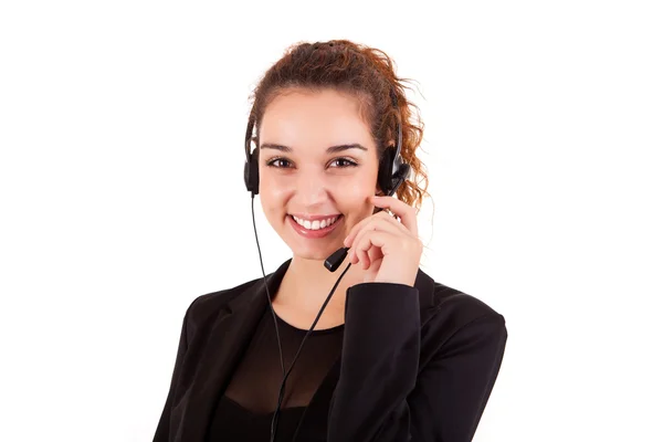 Portrait of a happy young call center employee smiling with a he — Stock Photo, Image