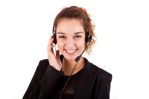 Ritratto di un giovane impiegato felice del call center sorridente con un he — Foto Stock