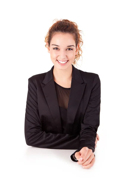 Mulher sorridente fazendo o sinal OK — Fotografia de Stock