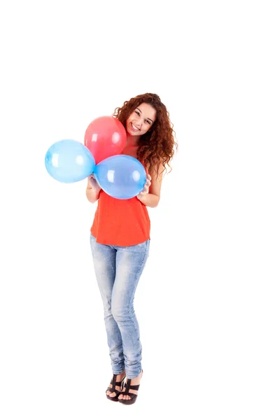 Mulher bonita feliz segurando balões — Fotografia de Stock