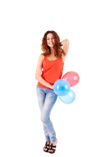 Mulher bonita feliz segurando balões — Fotografia de Stock