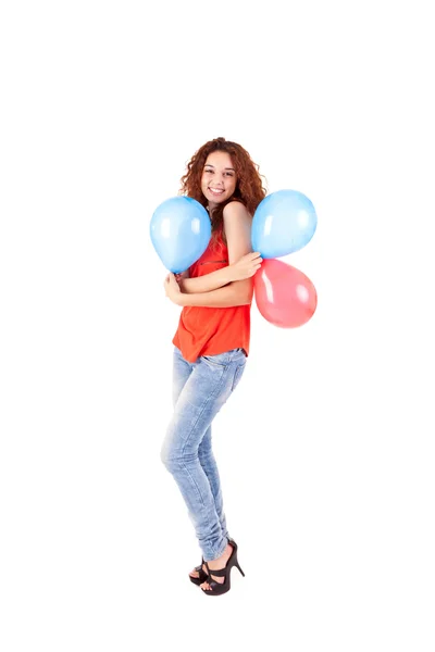Ευτυχισμένη γυναίκα όμορφη εκμετάλλευση μπαλόνια — Φωτογραφία Αρχείου