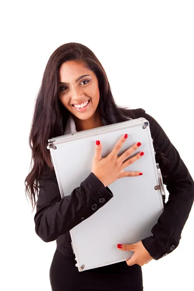 Beautiful mix race woman holding metal grey case — Stock Photo, Image