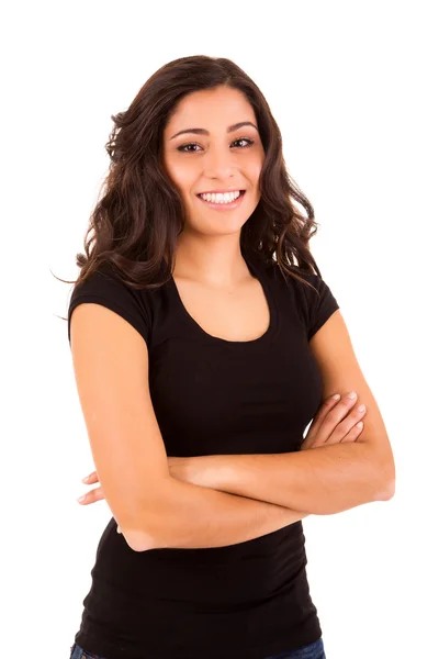 Retrato de uma jovem mulher bonita em pé contra backgrou branco — Fotografia de Stock