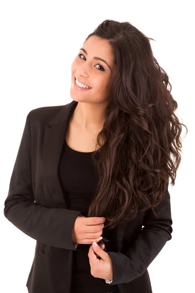 Portret van een gelukkige jonge zakenvrouw tegen witte pagina — Stockfoto