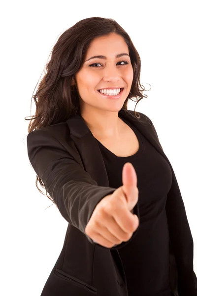 Felice donna d'affari sorridente con i pollici in alto gesto — Foto Stock