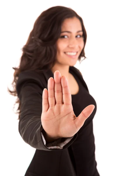 Businesswoman making stop sign on white background — Stock Photo, Image